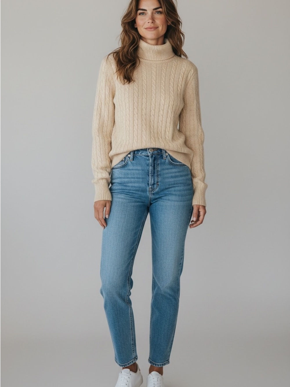 EUC Neiman Marcus Cashmere Cream Cable Knit Turtleneck Sweater